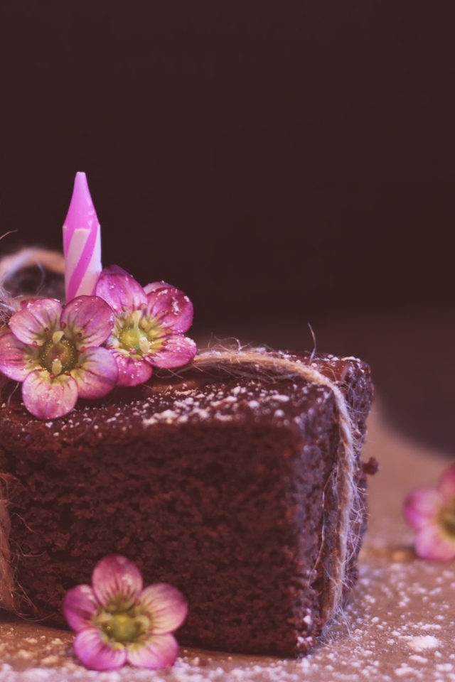 Кусок десерта брауни с цветами