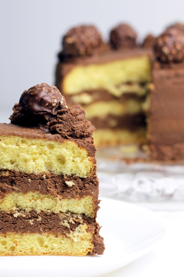 Кусок торта с шоколадом на белой тарелке