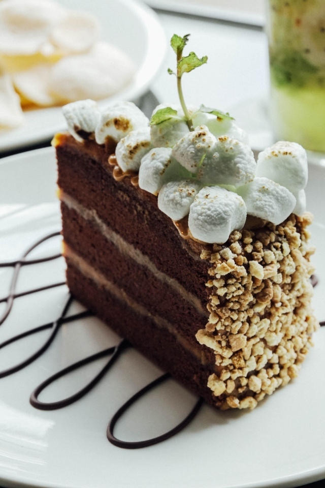 Кусок шоколадного торта с маршмеллоу на белой  тарелке