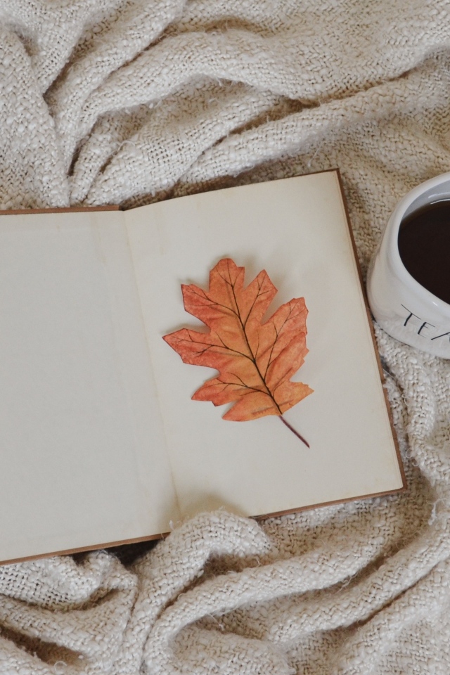 Книга, желтый лист и чашка кофе с пледом