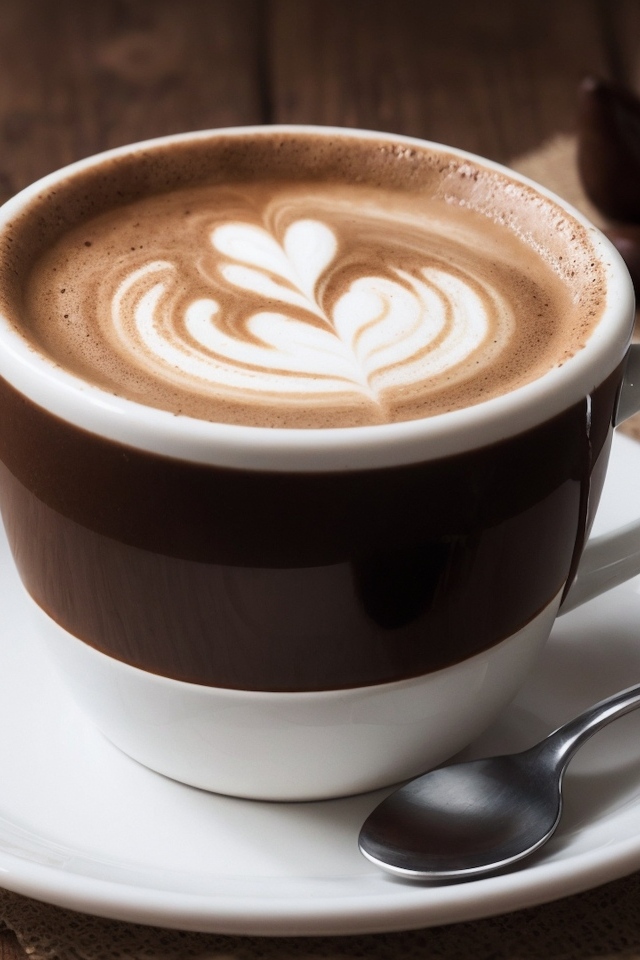 Чашка кофе с рисунком на пене на столе с конфетами