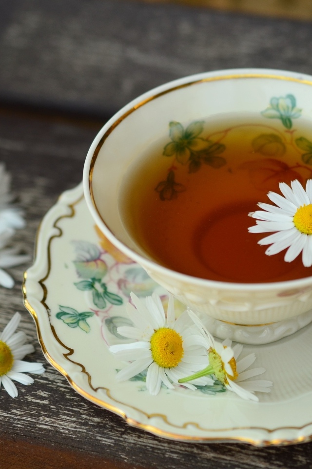 Чашка чая с цветами ромашки на столе