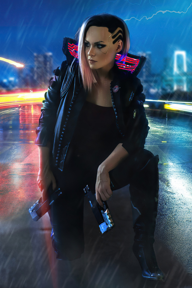 Девушка сидит на дороге, компьютерная игра cyberpunk 2077