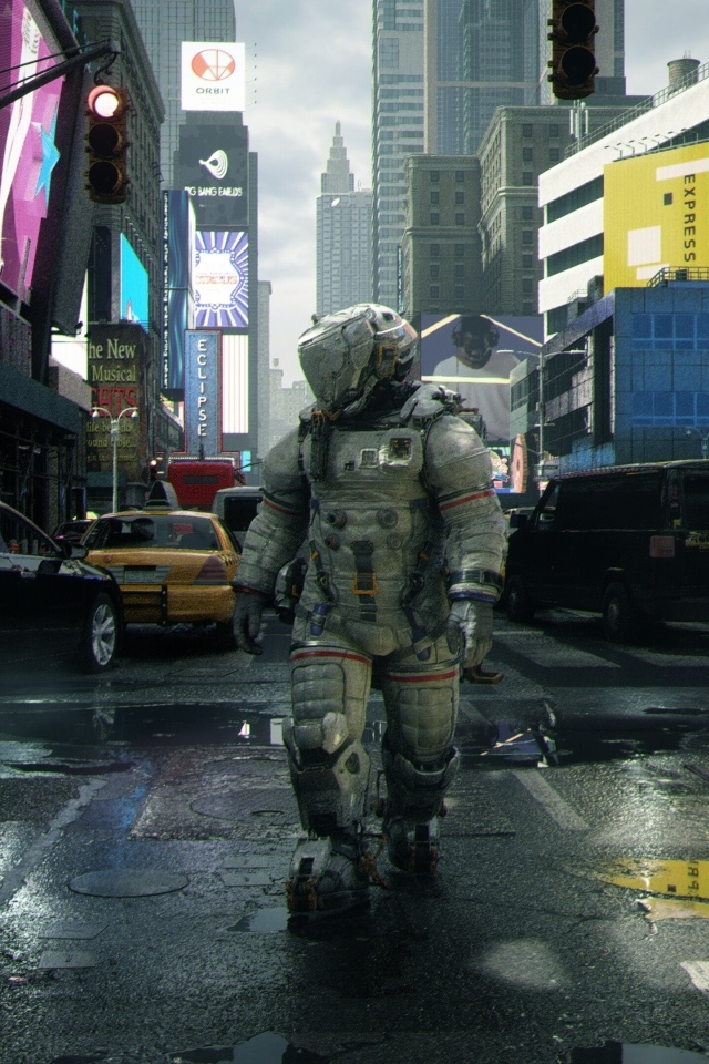 Мужчина астронавт в городе, компьютерная игра Pragmata