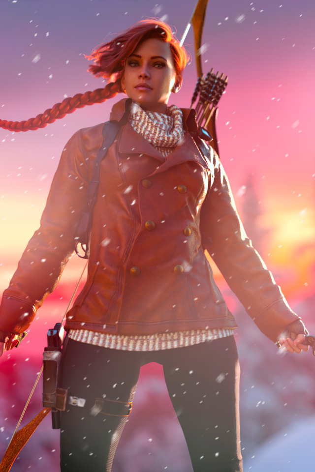 Грозная девушка 3д с оружием в руках зимой