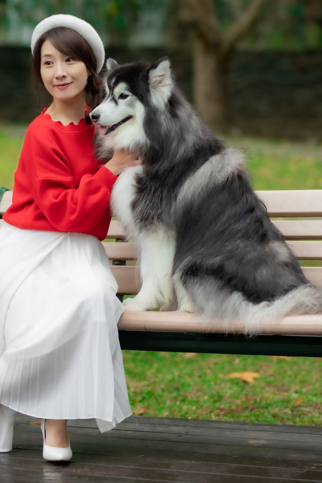 Красивая девушка азиатка сидит с собакой на лавке