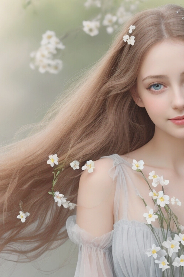 Красивая голубоглазая длинноволосая девушка в белых цветах