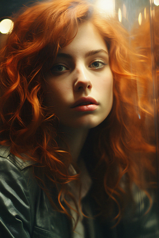 Красивая рыжеволосая девушка отражается в окне