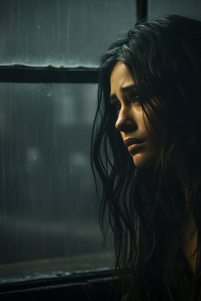 Грустная девушка сидит у окна 