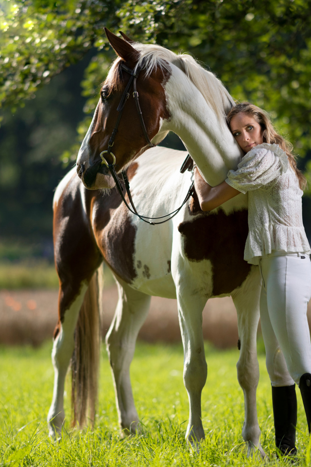 Молодая девушка обнимает большого коня