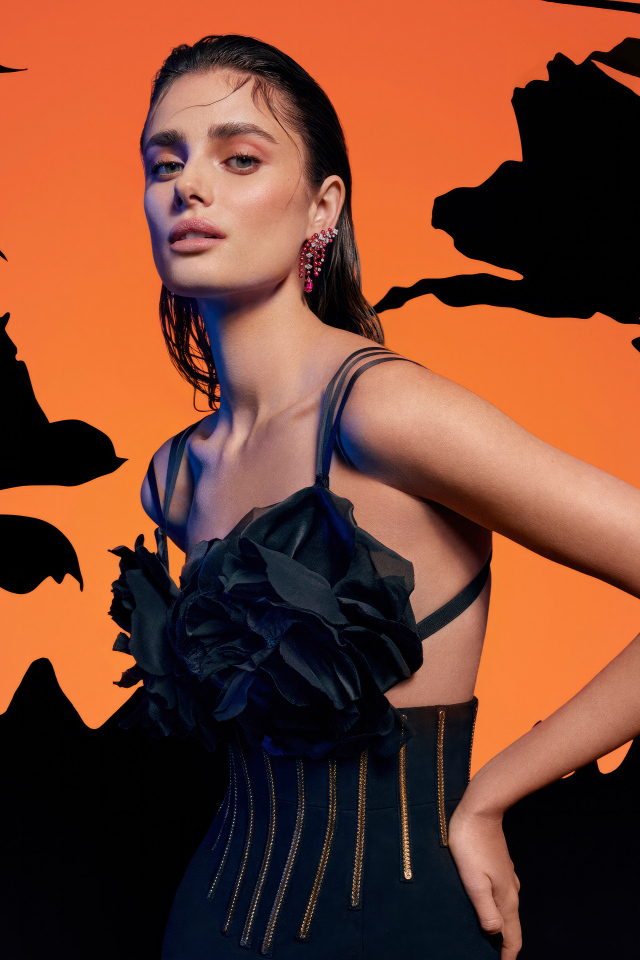 Красивая американская модель Тейлор Хилл в черном платье