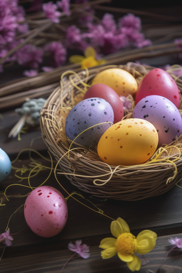 Разноцветные пасхальные яйца в гнезде с цветами