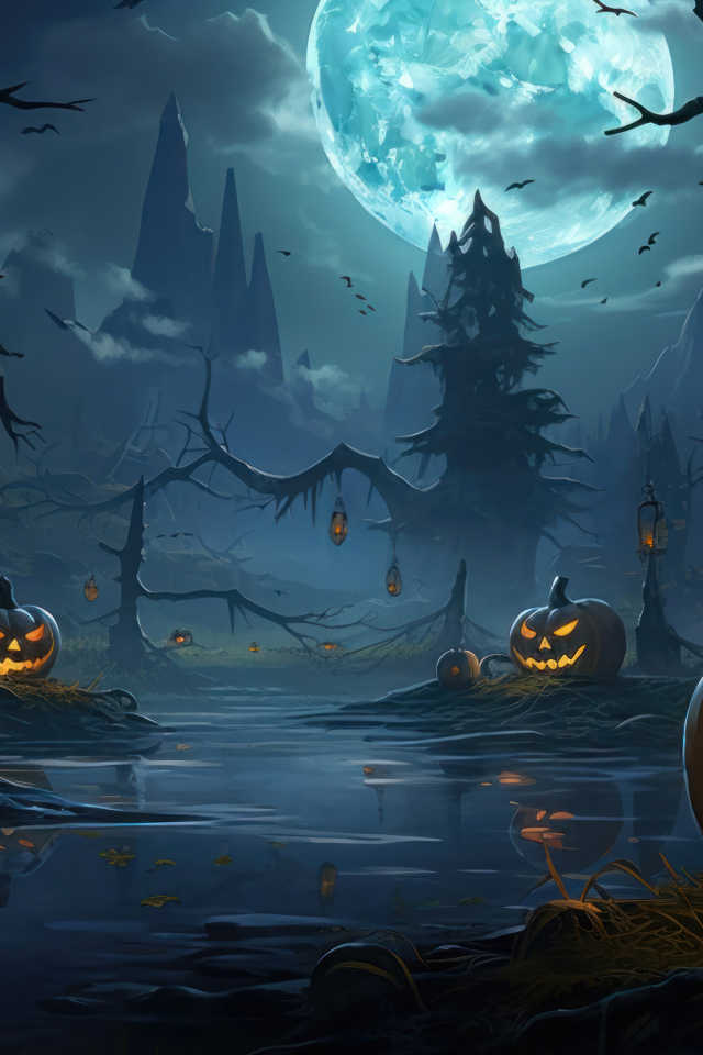 Зловещие тыквы у реки в темном лесу