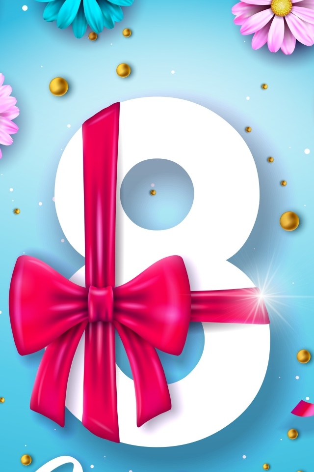 Цифра 8 с бантом и цветами на голубом фоне
