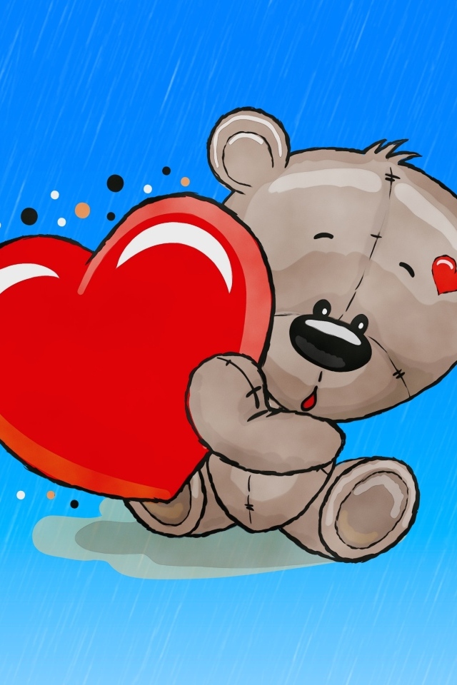 Нарисованный медвежонок с красным сердцем на голубом фоне
