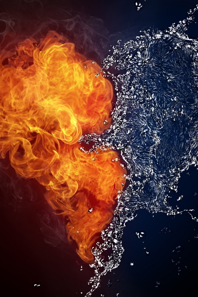 Огненное и водяное сердце на черном фоне