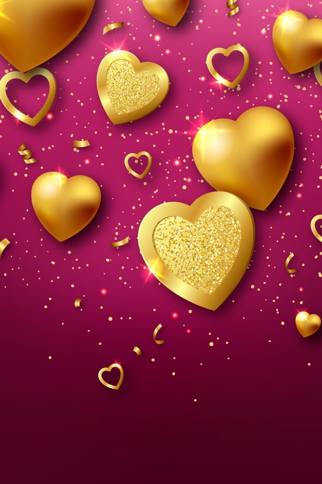 Золотые сердечки на красном фоне