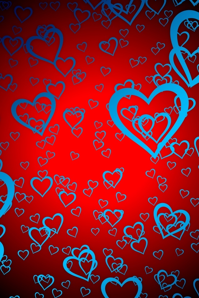 Много голубых сердец на красном фоне