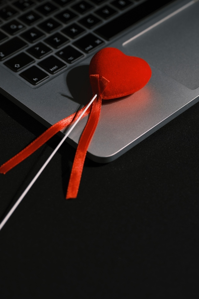 Красное сердце на палочке с ноутбуком