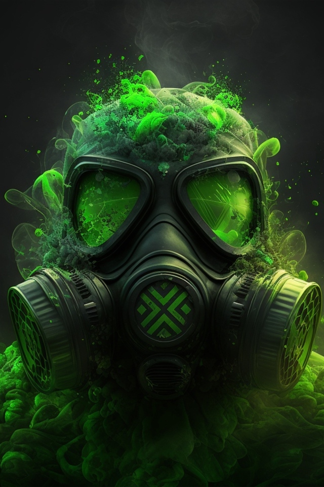 Мужчина в противогазе с зеленым ядовитым дымом