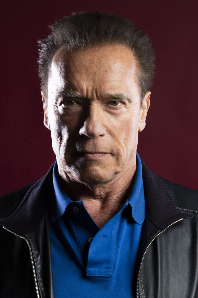 Популярный актер Арнольд Шварценеггер на красном фоне