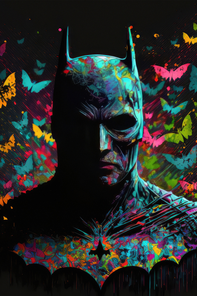 Бэтмен с неоновыми бабочками на черном фоне