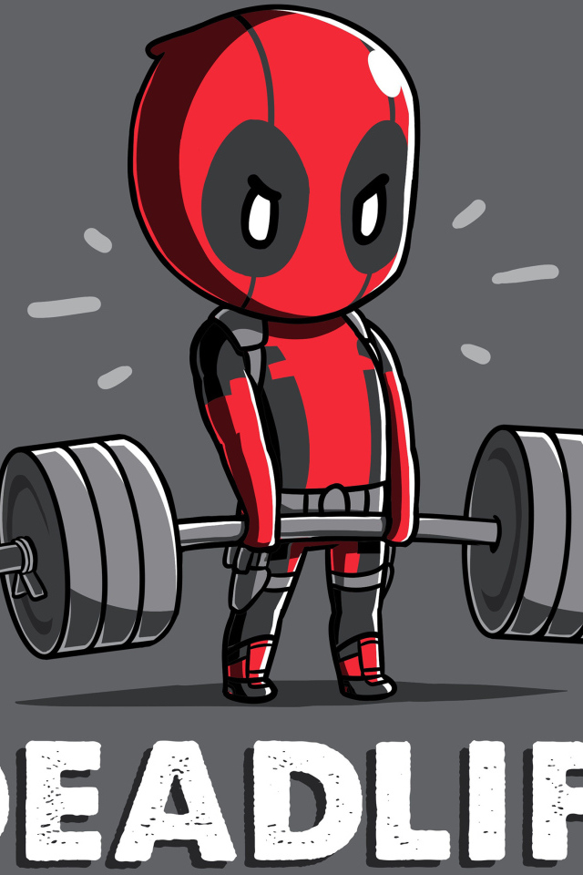 Маленький Дэдпул с гантелей на сером фоне