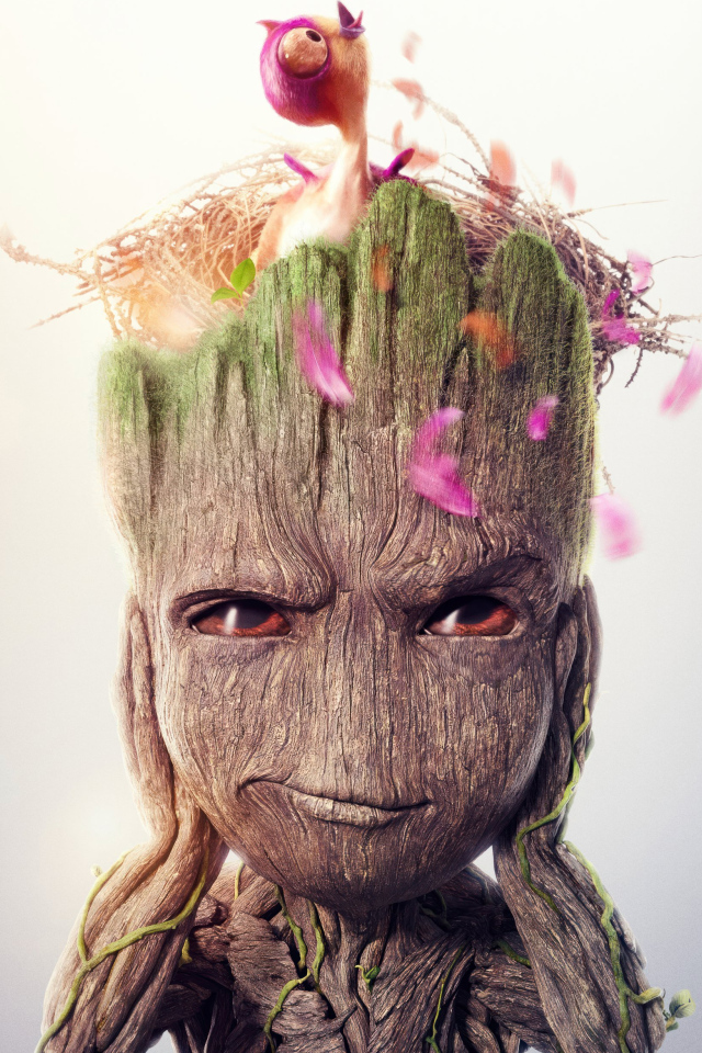 Маленький Грут с гнездом на голове