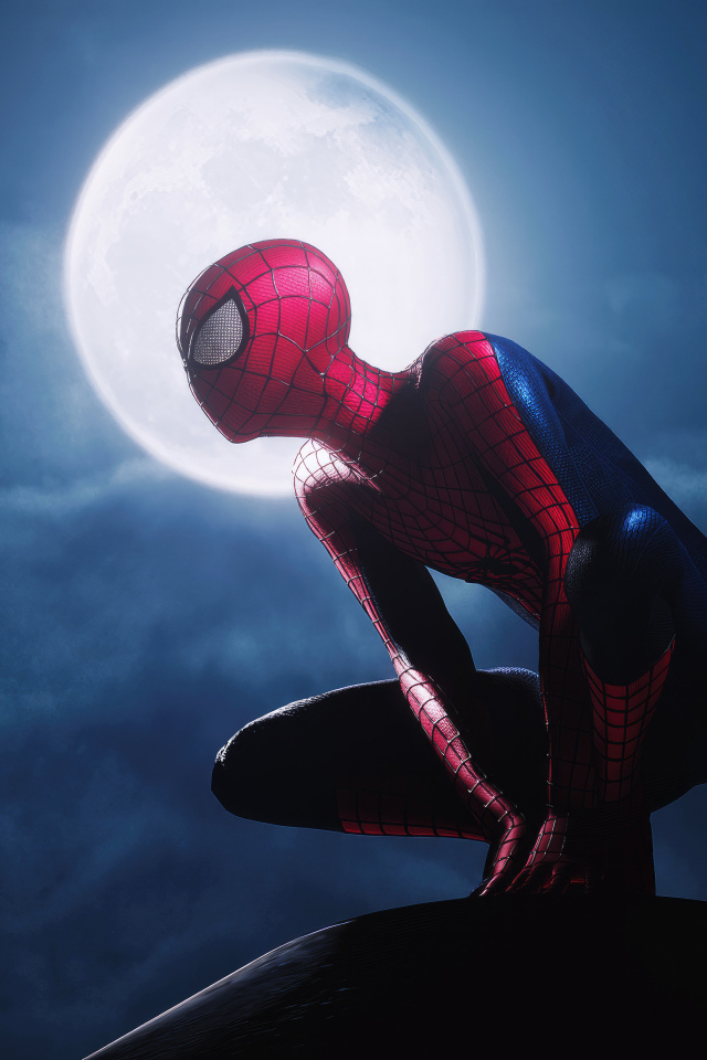 Спайдермен сидит на фоне луны