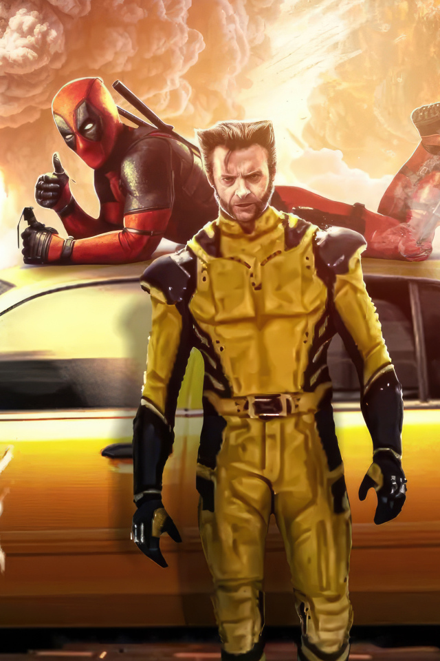 Супергерои Дэдпул и Росомаха с машиной такси