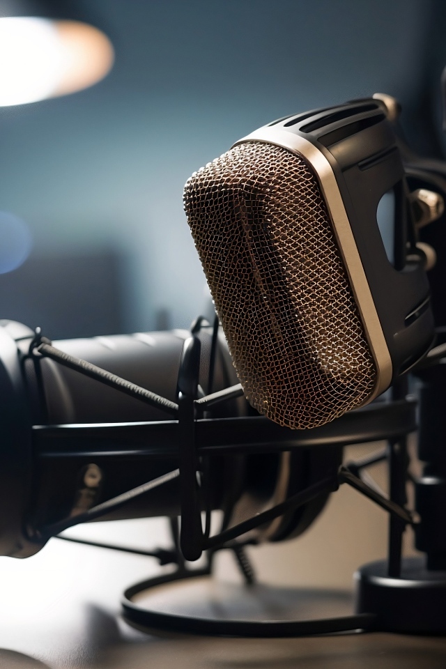 Студийный микрофон стоит на столе