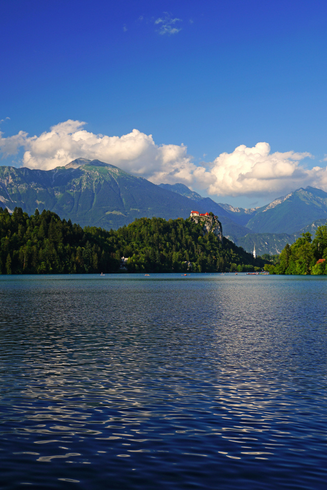 Красивый вид на озеро и покрытые зеленью горы