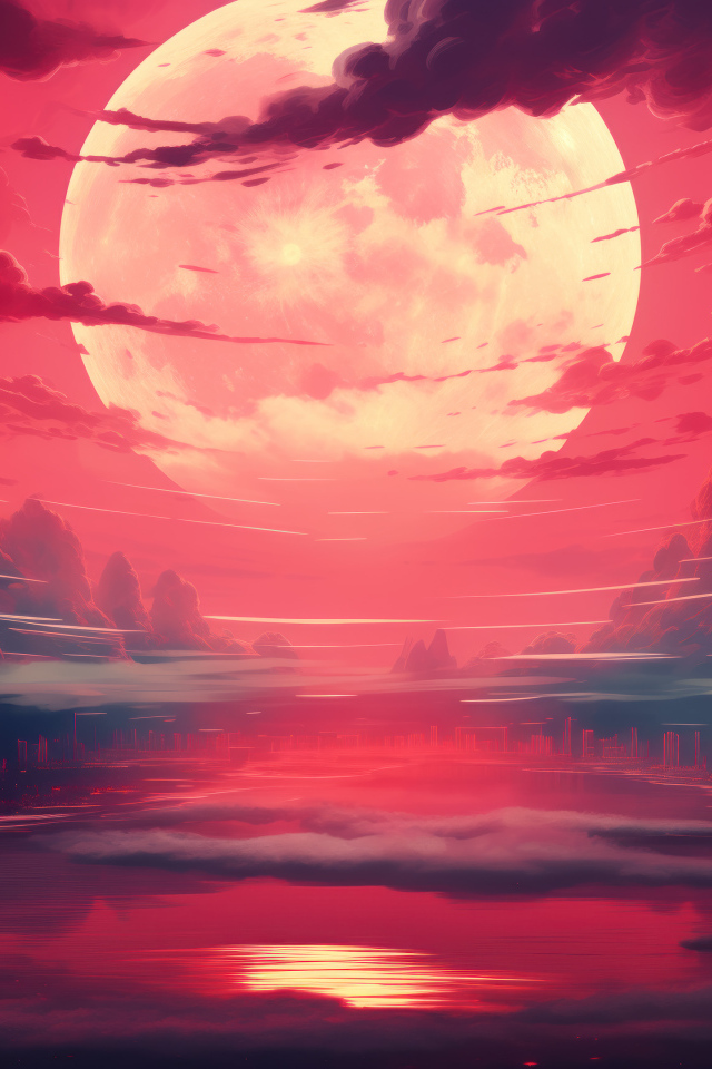 Большая белая луна в красном небе