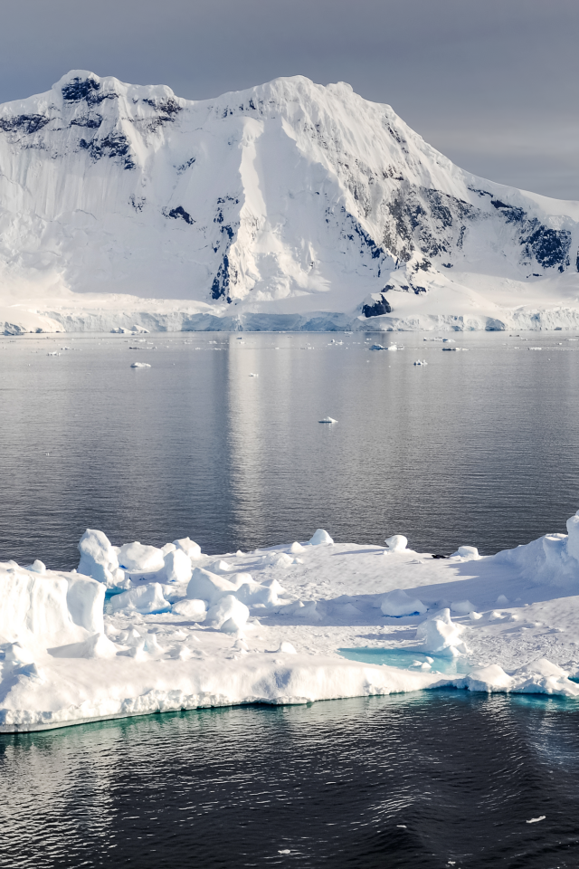 Холодный айсберг в воде у заснеженных гор, Антарктика