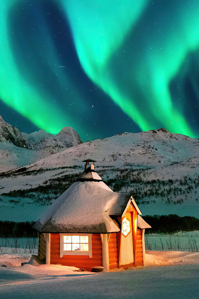 Зеленое полярное сияние над домом в заснеженных  горах