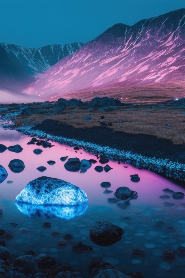 Неоновые камни в реке на фоне горы