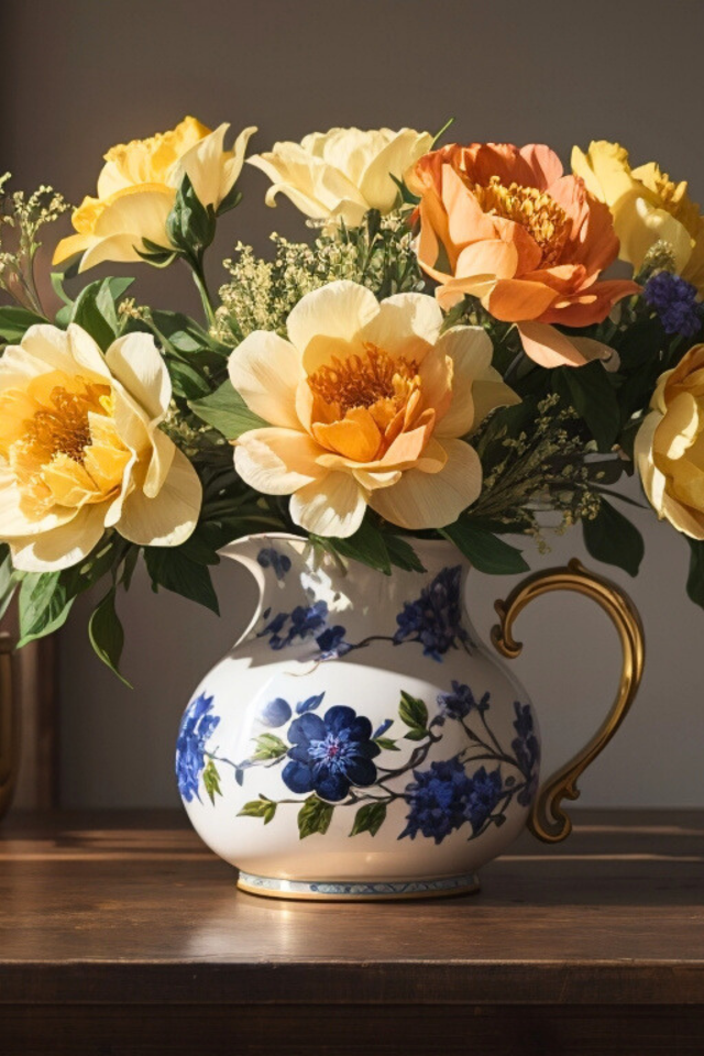 Букет красивых оранжевых цветов в кувшине на столе