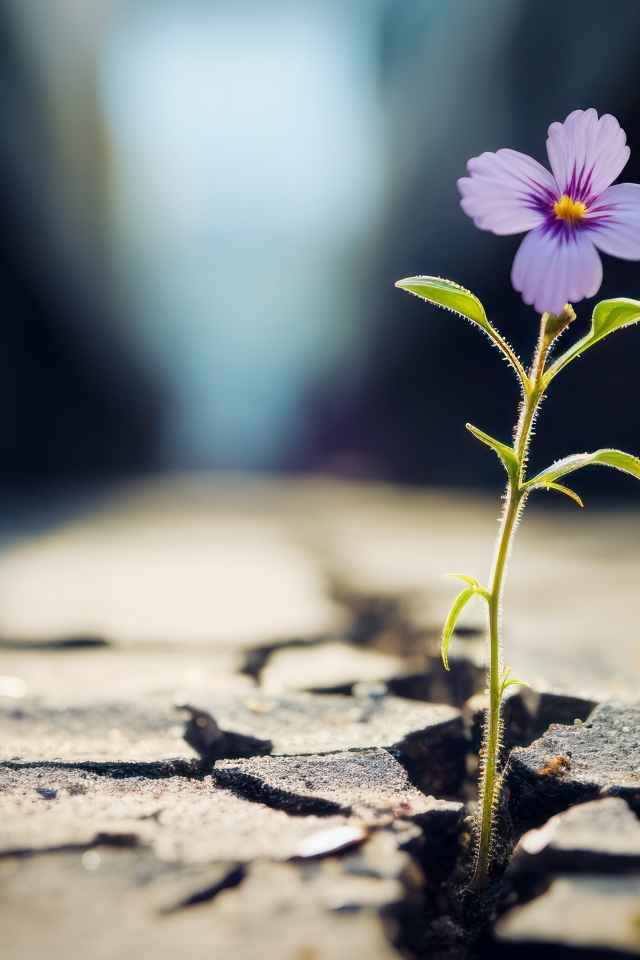 Маленький сиреневый цветок пробивается из сухой земли