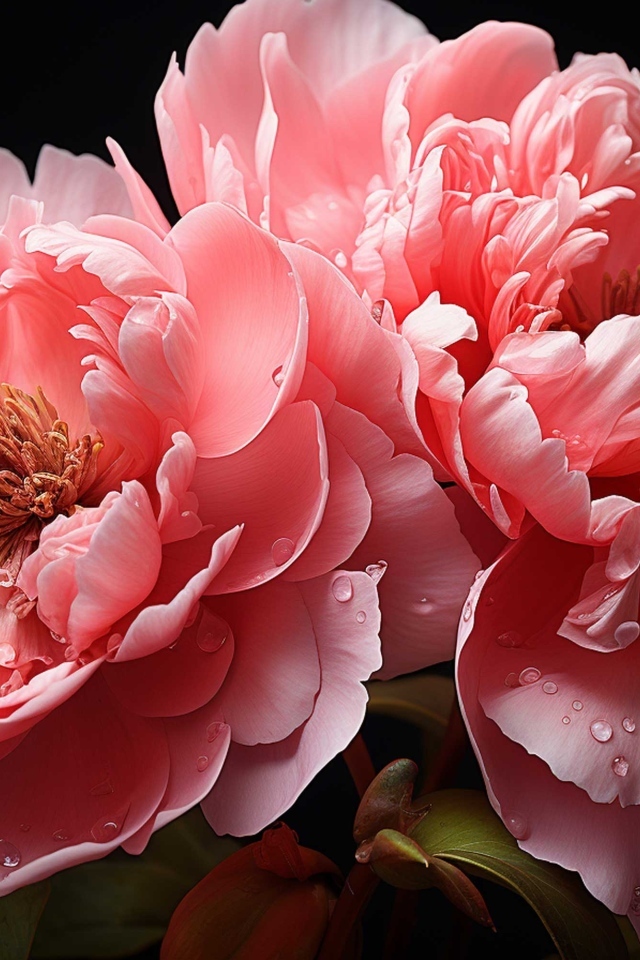 Красивые розовые пионы в каплях воды