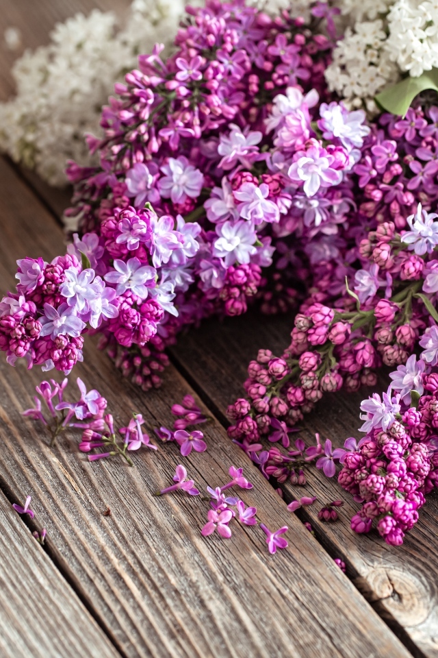 Букет сирени на деревянном столе