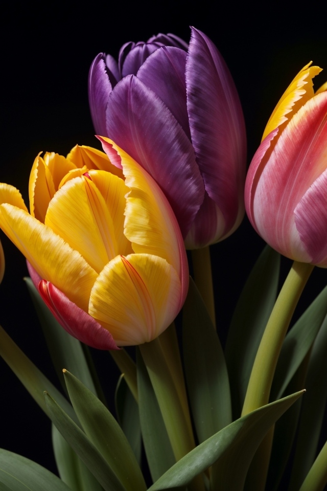 Букет разноцветных тюльпанов на черном фоне