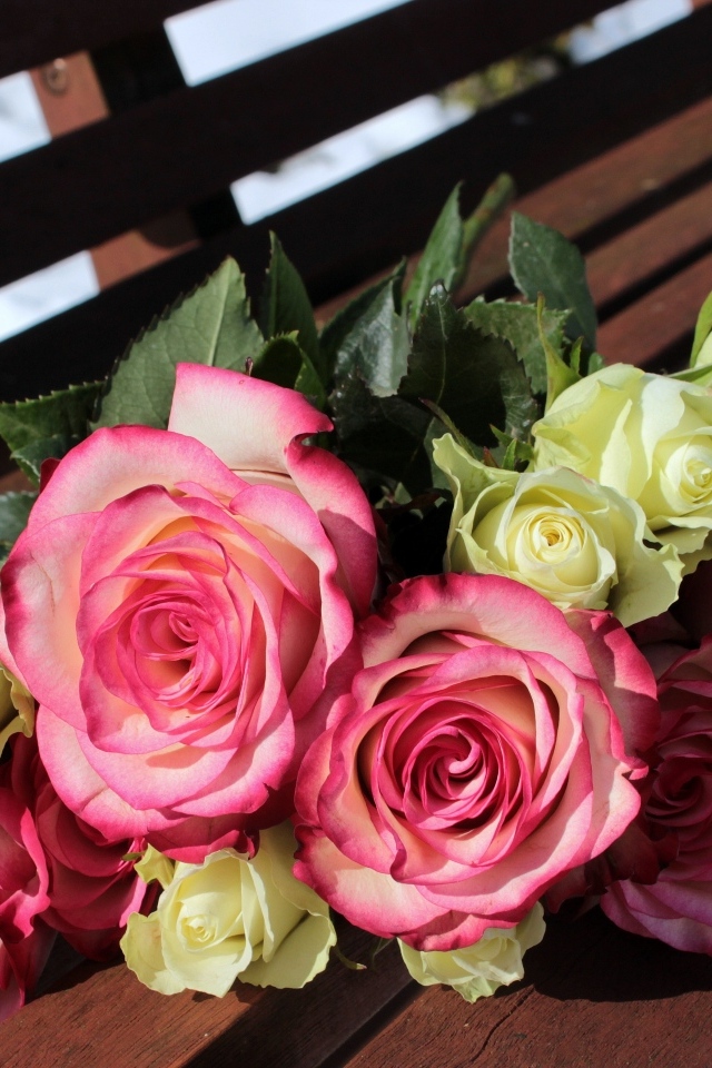 Букет белых и розовых роз на деревянной лавке