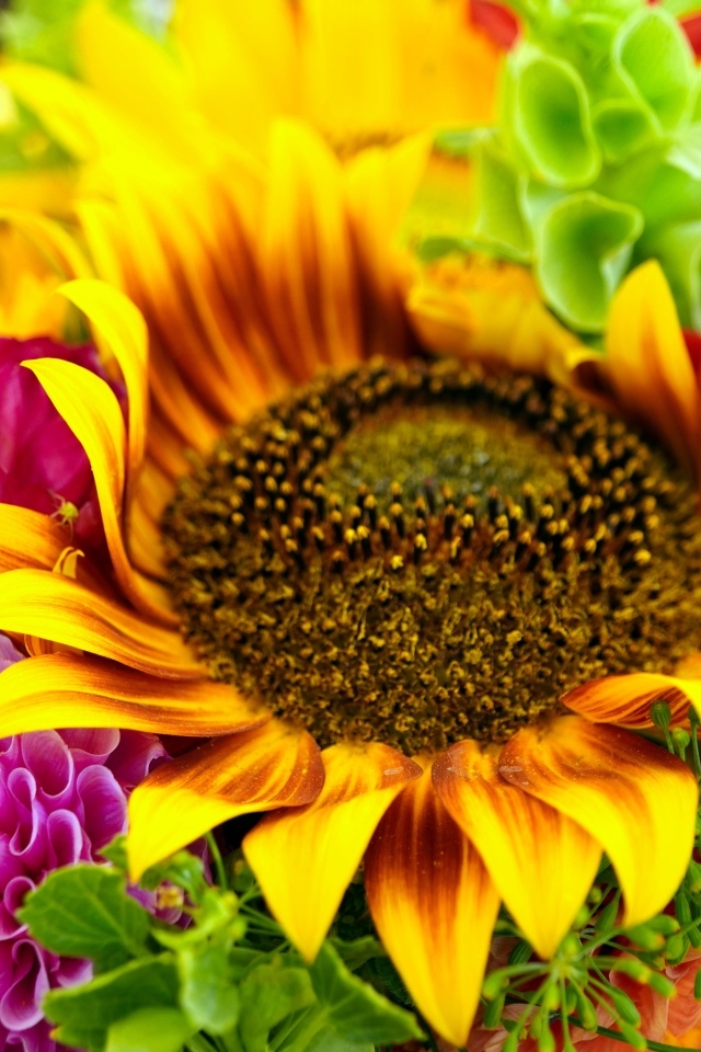 Букет с цветами подсолнуха и георгины