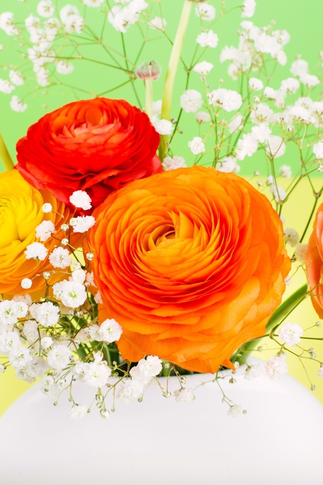 Оранжевые лютики с белыми цветами гипсофилы