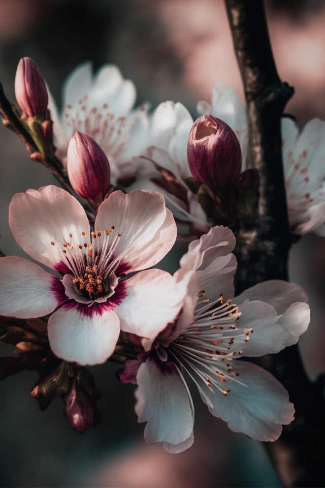 Розовые цветы персика на ветке весной