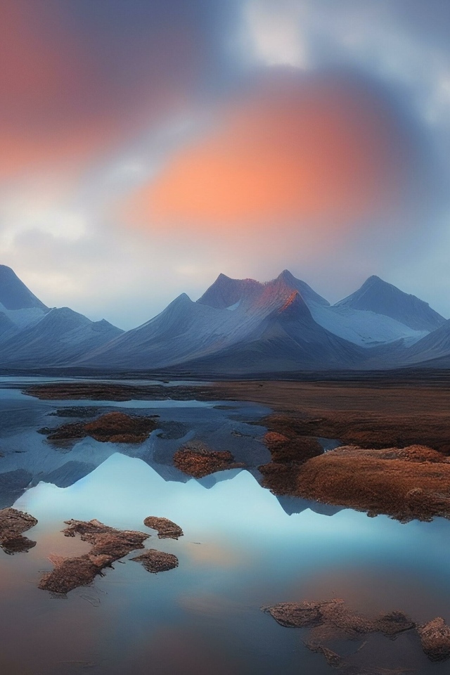 Холодное озеро в горах на рассвете