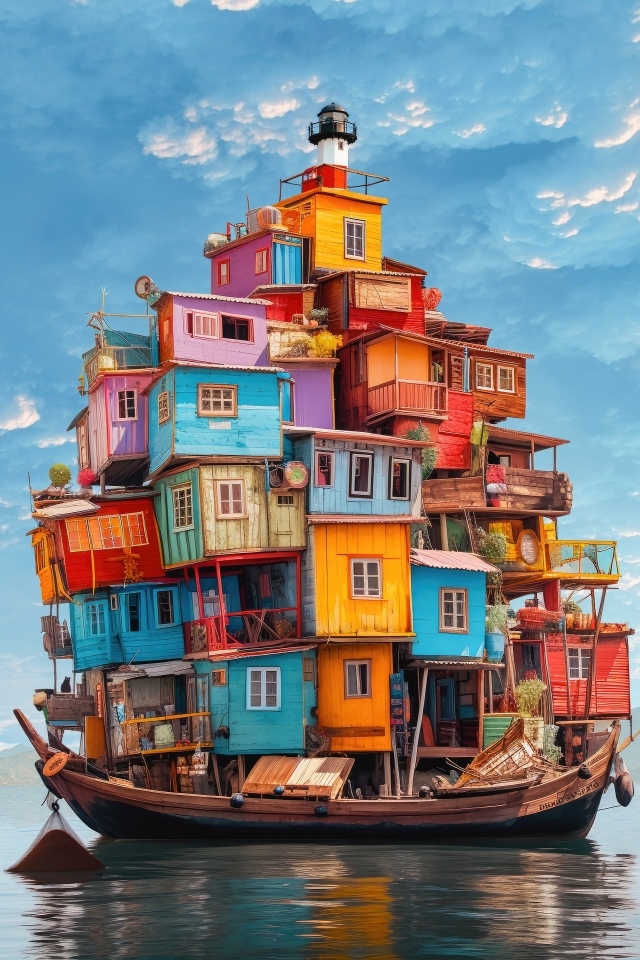 Маленькие разноцветные домики на лодке