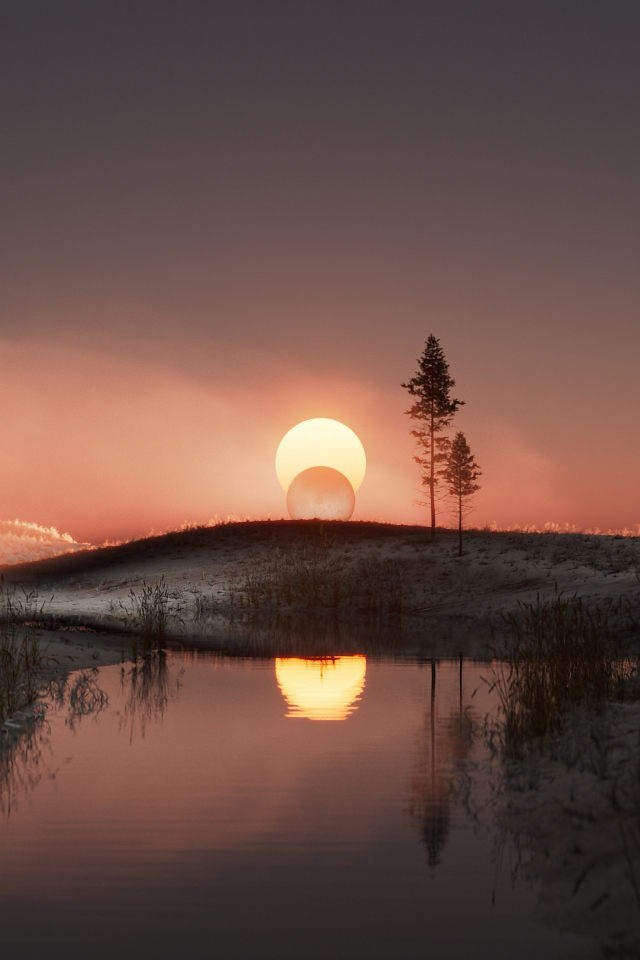 Закат солнца за холмом у реки