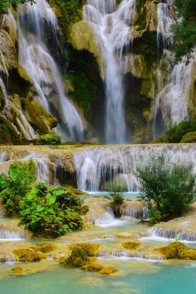 Красивый высокий водопад в лесу