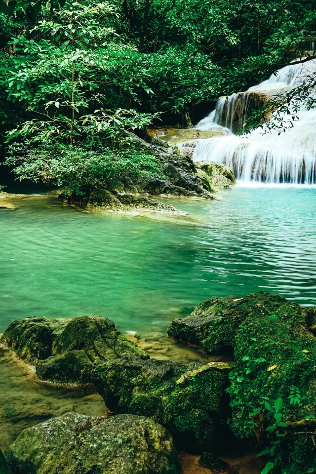 Чистая голубая вода лесного водопада